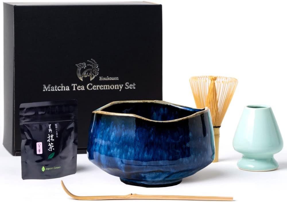 Tea ceremony tools Matcha 6-piece set Beginner Home time goods (Yame Hoshino Matcha, Matchabowl, tea whisk, tea whisk straightener, tea scoop, instruction manual) (Hekiyu tea bowl)