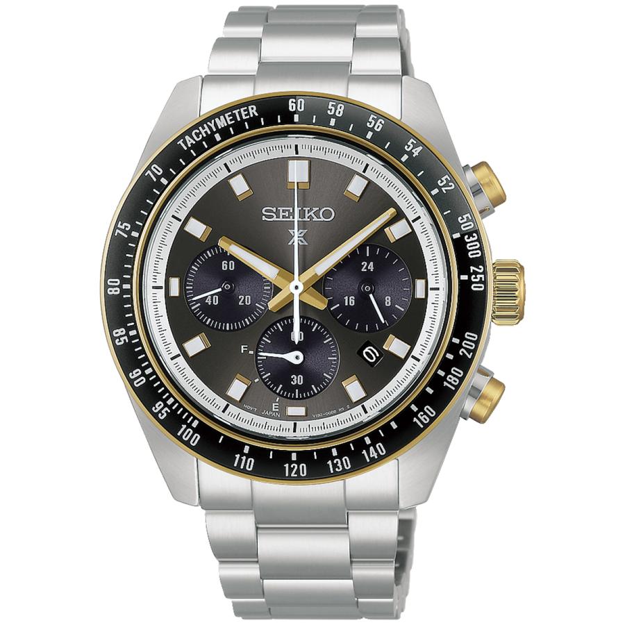 SEIKO Prospex Speedtimer HBJ002P Classic Racing-Inspired Dark Grey Black Dial Gold-Tone V192 Solar Chronograph Men’s Watch