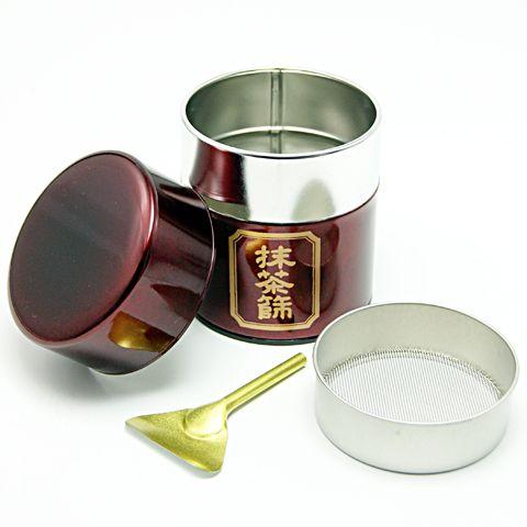 Matcha sieve can, dark red, with spatula, tea ceremony utensils