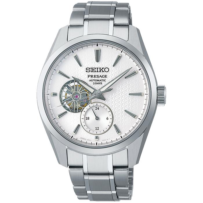 Seiko Presage Sharp Edged 3-Day SARJ001 Men's Mechanical Watch with Hemp Leaf Pattern Dial and White Open Heart Pattern