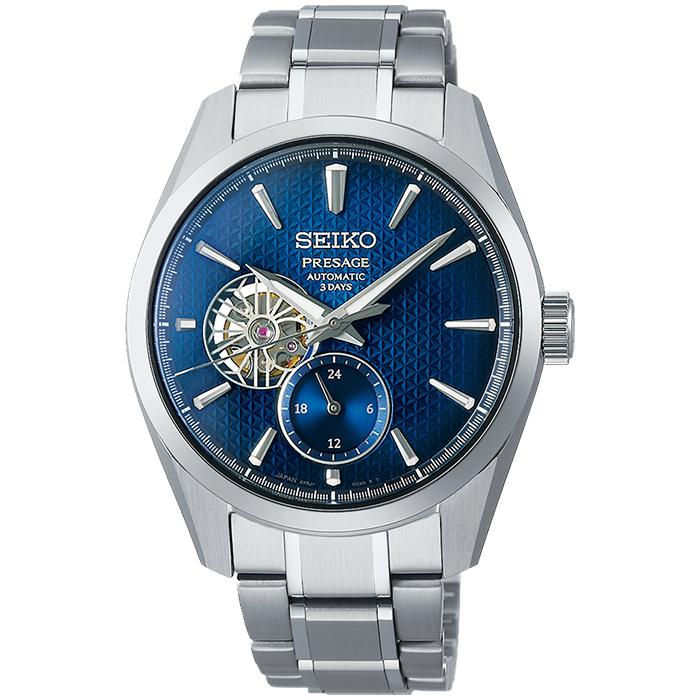 Seiko Presage Sharp Edged 3-Day Watch SARJ003 Men's Mechanical Watch with Hemp Leaf Pattern Dial and Indigo Iron Open Heart Design