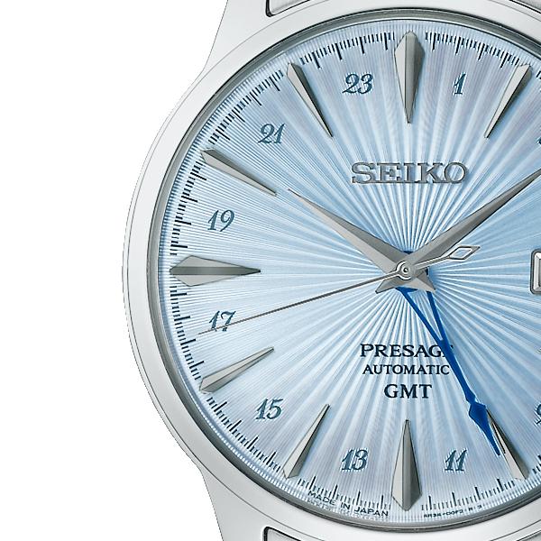 Seiko Presage Cocktail Time GMT Skydiving SARY241 Men's Mechanical Automatic Watch with Light Blue Metal Band