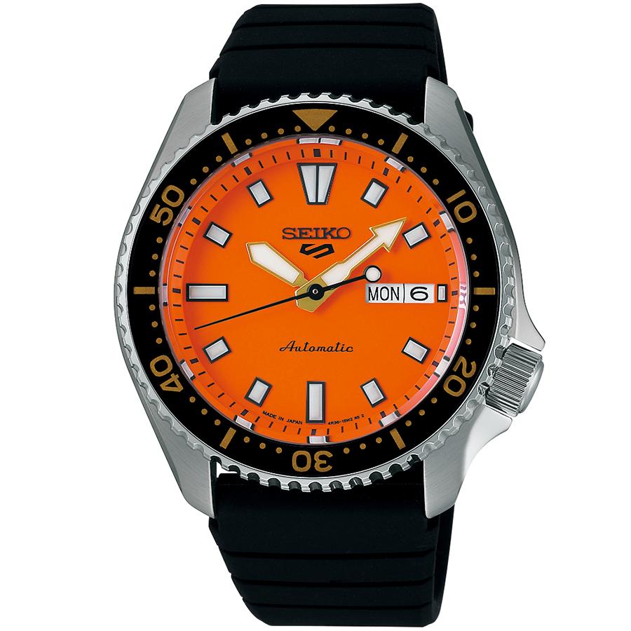 Seiko 5 Sports SKX Series SKX399 Homage Design SBSA309 Men's Automatic Watch with Orange Dial and Silicone Band