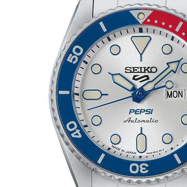 Seiko 5 Sports SKX Pepsi Collaboration Limited Edition '90s Logo Design Men's Automatic Watch SBSA319 White Silver