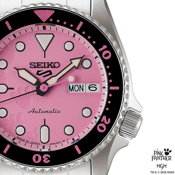 Seiko 5 Sports SKX Pink Panther Collaboration Limited Edition Model SBSA321 Men's Automatic Watch with Day Date