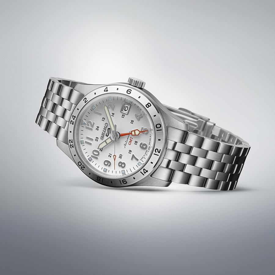 Seiko 5 Sports Field GMT Sport Style SBSC009 Men's Mechanical Automatic Watch with White Dial and Metal Band