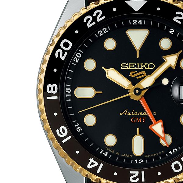 Seiko 5 Sports SKX Sports Style GMT Model SBSC020 Men's Automatic Watch with Black Dial and Leather Strap