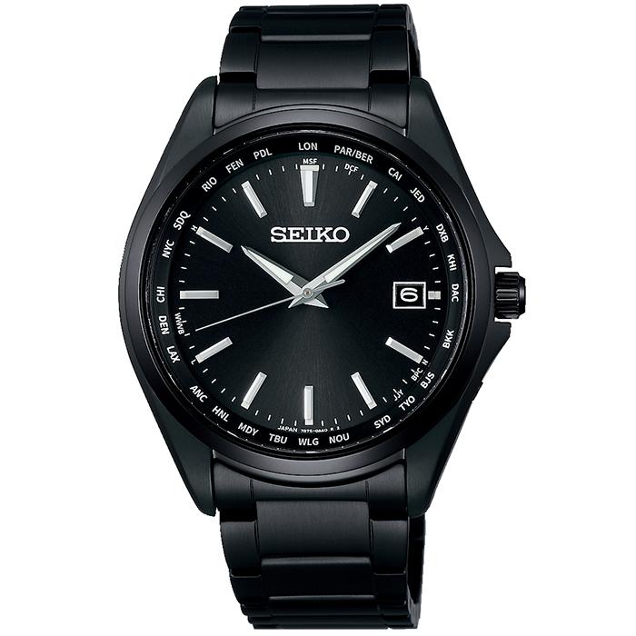 Seiko Selection SBTM333 Men's Solar Radio-Controlled Watch with World Time and Date Calendar, Black