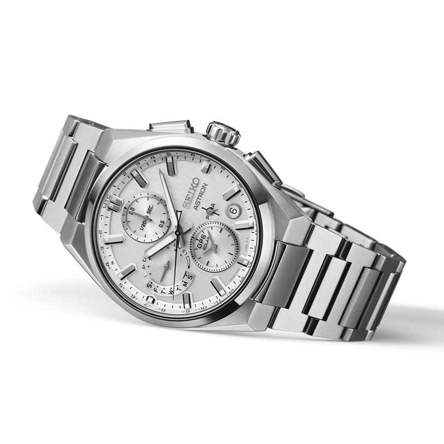 Seiko Astron Nexter Dual Time Chronograph SBXC159 Men's Solar-Powered GPS Satellite Radio Wave Watch with Silver Dial