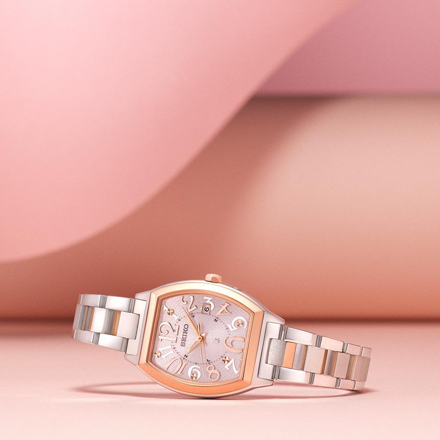 Seiko Lukia Standard Collection SSVW214 Women's Solar Radio-Controlled Tonneau Watch in Pink Gold