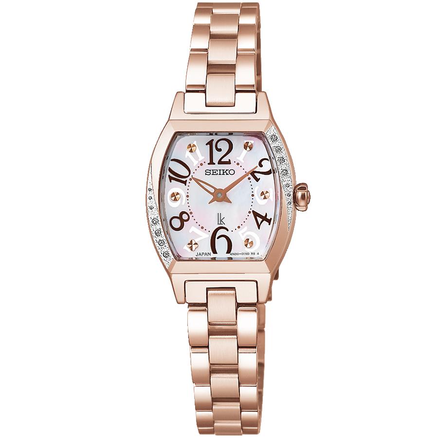 Seiko Lukia Happy Collection SSWA016 Women's Battery-Operated Quartz Watch with Tonneau Movement and White Mother-of-Pearl Dial and Diamond-Set Case