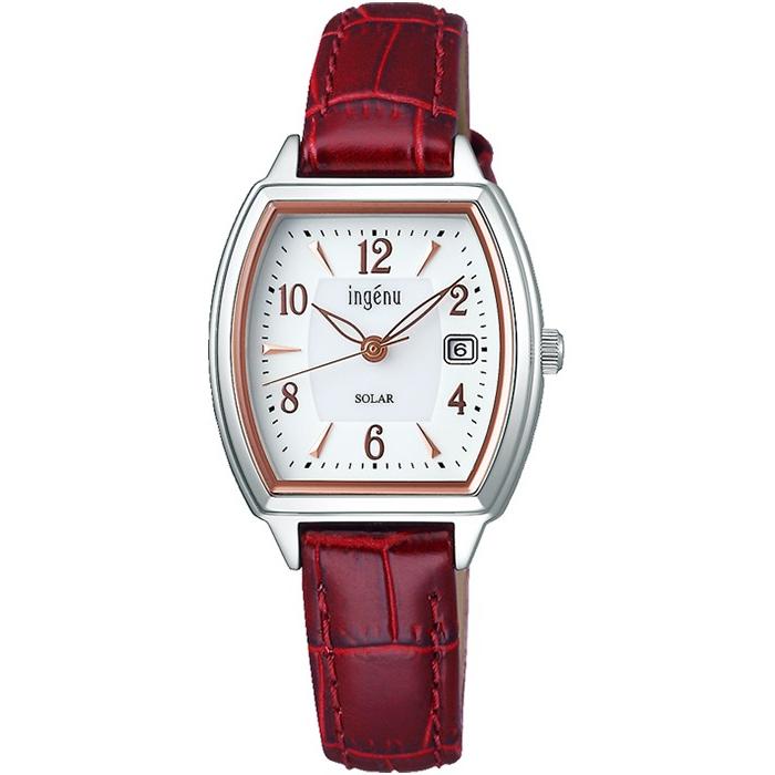 Alba Angenie Starting Solar Women's Watch, Tonneau Leather Strap, Silver/Red, Date Calendar, AHJD413