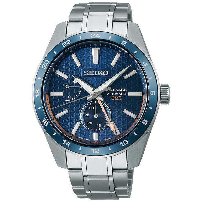 Seiko Presage Sharp Edged Series GMT SARF001 Men's Mechanical Watch with Hemp Leaf Pattern Dial, Blue, Exclusive Model