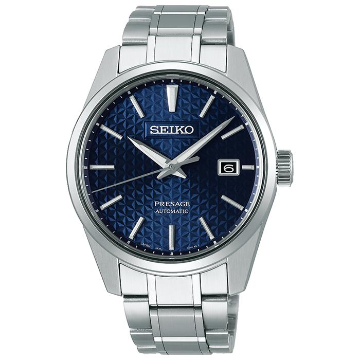 Seiko Presage Sharp Edged Series SARX077 Men's Mechanical Automatic Watch with Hemp Leaf Pattern and Metal Band, Blue