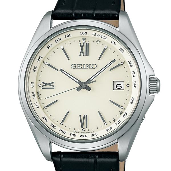 Seiko Selection SBTM295 Men's Solar-Powered Radio-Controlled Watch with World Time Function, Leather Strap, Date Calendar, White and Black