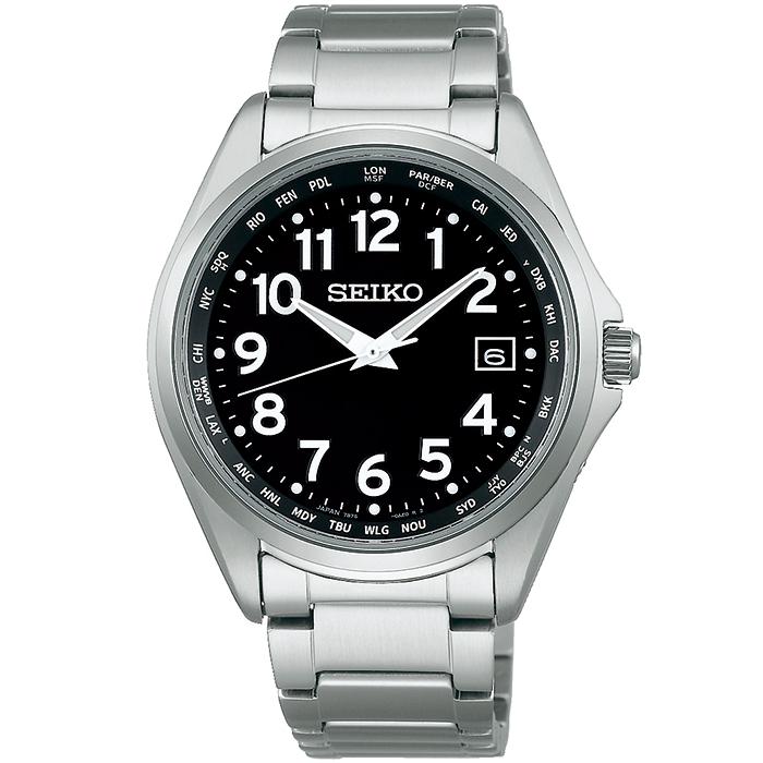 Seiko Selection SBTM329 Men's Solar Radio-Controlled Watch with World Time Arabic Numerals, Black