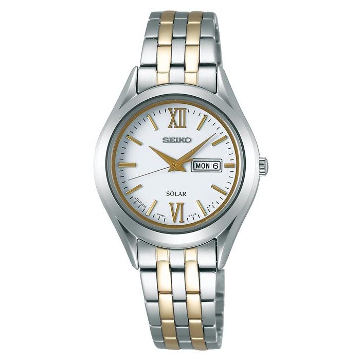 Seiko Selection Spirit Women's Solar Watch with Metal Strap, White, Pair Model STPX033