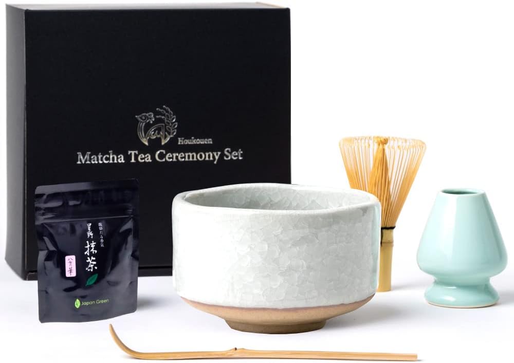 Tea ceremony tools Matcha 6-piece set Beginner Home time goods (Yame Hoshino Matcha, Matchabowl, tea whisk, tea whisk straightener, tea scoop, instruction manual) (Hekiyu tea bowl)