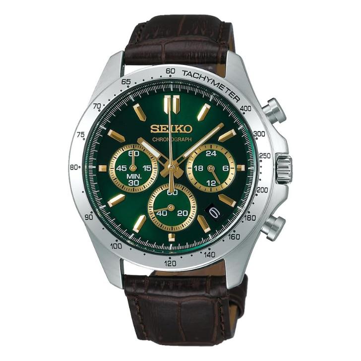 SEIKO Spirit SBTR017 Chronograph Quartz Men's Watch Green Dial Leather Strap Stainless Steel 100m Water Resistant