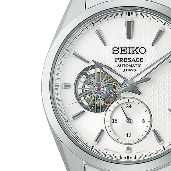 Seiko Presage Sharp Edged 3-Day SARJ001 Men's Mechanical Watch with Hemp Leaf Pattern Dial and White Open Heart Pattern