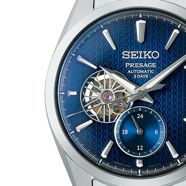 Seiko Presage Sharp Edged 3-Day Watch SARJ003 Men's Mechanical Watch with Hemp Leaf Pattern Dial and Indigo Iron Open Heart Design