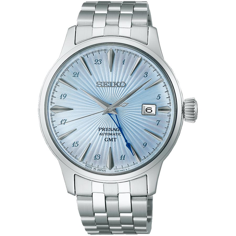 Seiko Presage Cocktail Time GMT Skydiving SARY241 Men's Mechanical Automatic Watch with Light Blue Metal Band
