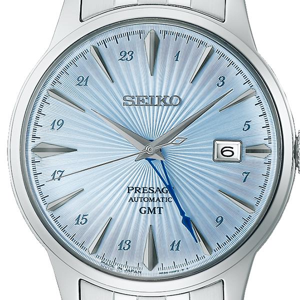 Seiko Presage Cocktail Time GMT Skydiving SARY241 Men's Mechanical Automatic Watch with Light Blue Metal Band