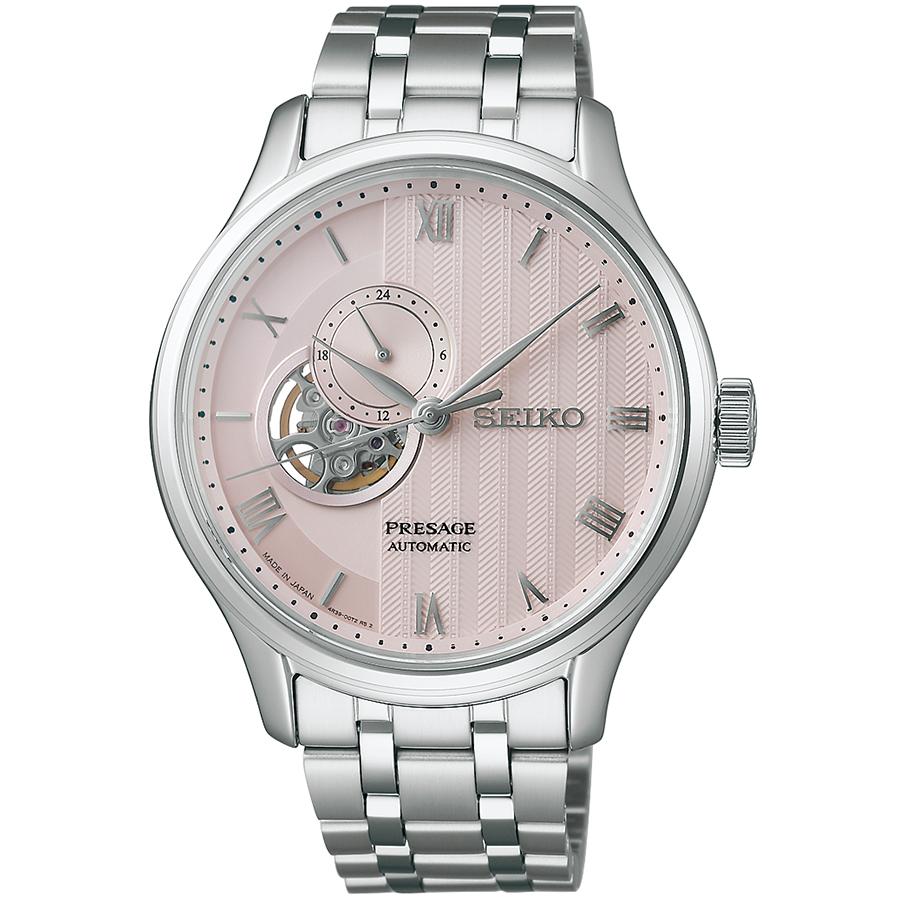 Seiko Presage Japanese Garden Sand Motif Kyoto Cherry Blossom SARY261 Men's Mechanical Automatic Watch with Open Heart Movement in Pale Pink