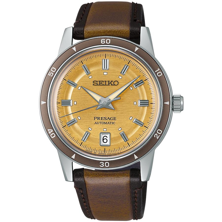 Seiko Presage Style 60's Timeless Color Palette SARY269 Men's Mechanical Automatic Watch with Gold Yellow Dial and Leather Strap