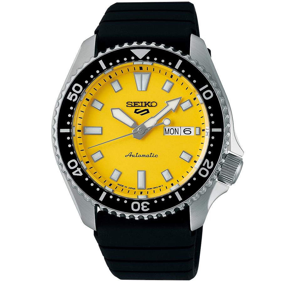 Seiko 5 Sports SKX Series SKX399 Homage Design SBSA307 Men's Automatic Watch with Yellow Dial and Silicone Strap