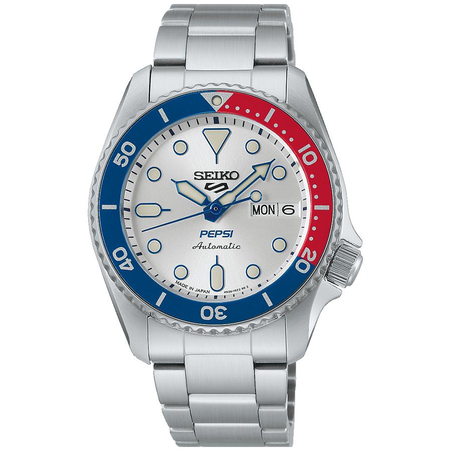 Seiko 5 Sports SKX Pepsi Collaboration Limited Edition '90s Logo Design Men's Automatic Watch SBSA319 White Silver