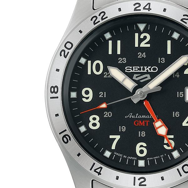 Seiko 5 Sports Field GMT Sport Style SBSC011 Men's Mechanical Automatic Watch with Black Dial and Metal Band