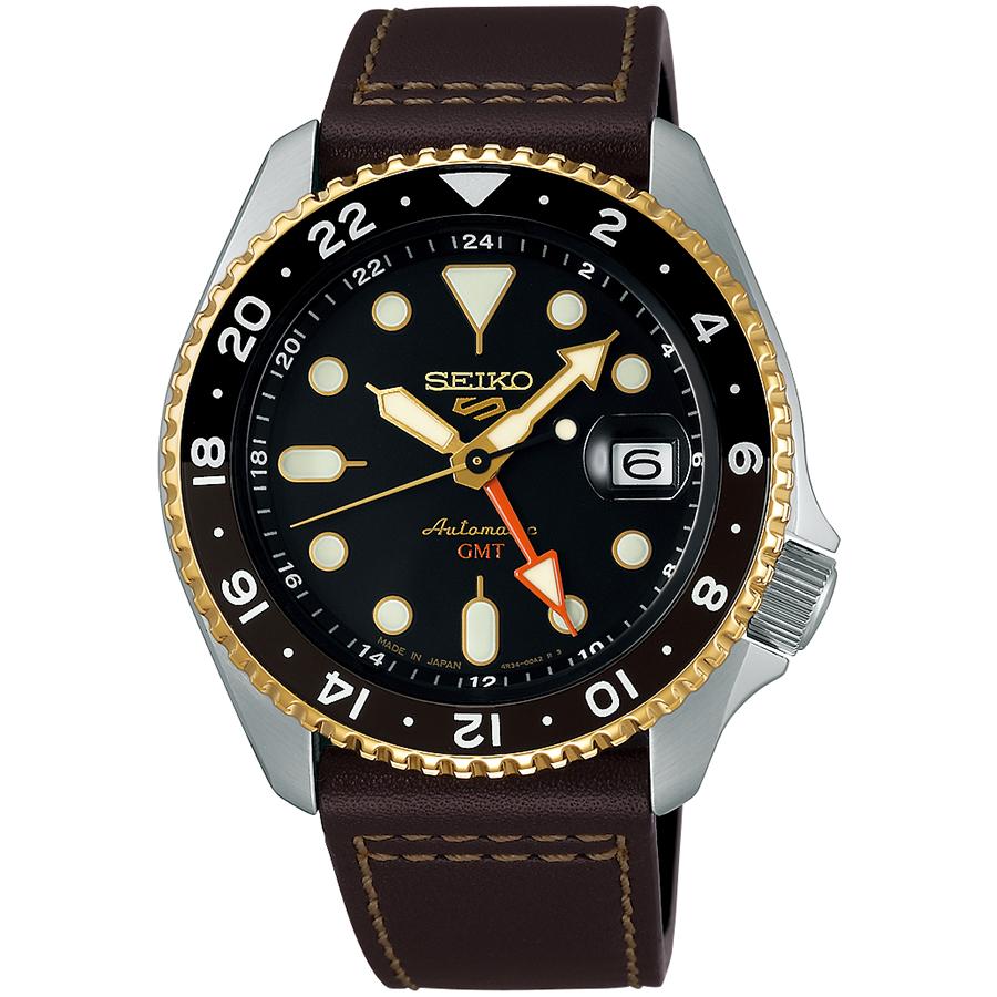 Seiko 5 Sports SKX Sports Style GMT Model SBSC020 Men's Automatic Watch with Black Dial and Leather Strap