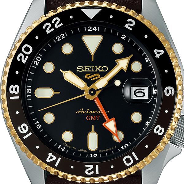 Seiko 5 Sports SKX Sports Style GMT Model SBSC020 Men's Automatic Watch with Black Dial and Leather Strap