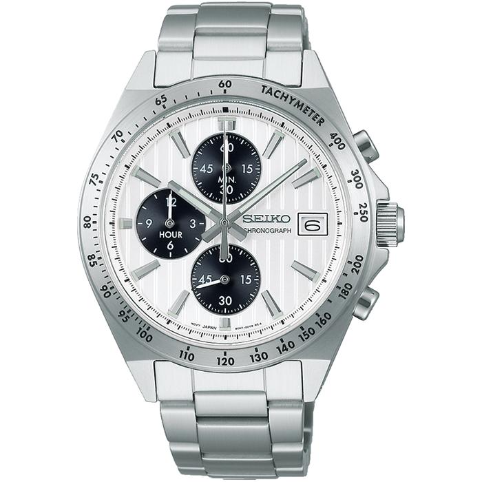 Seiko Selection S Series 8T Chrono SBTR039 Men's Battery-Powered Quartz Chronograph Watch, Vertical, Silver