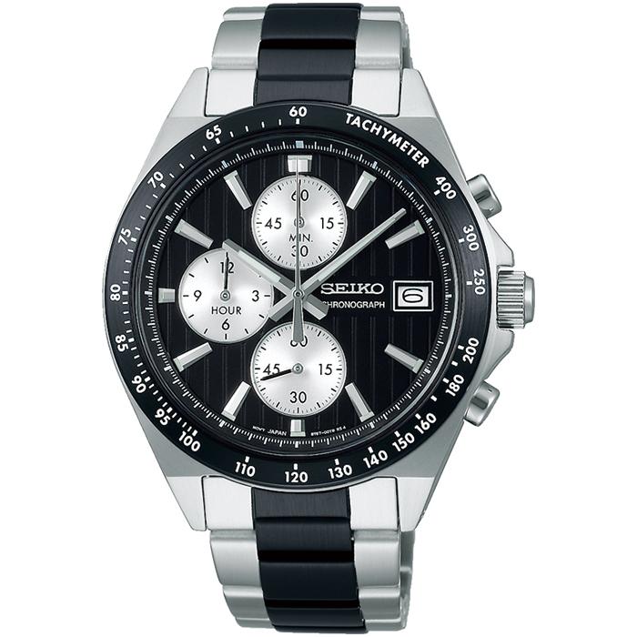 Seiko Selection S Series 8T Chrono SBTR043 Men's Battery-Powered Quartz Chronograph Watch, Vertical, Black