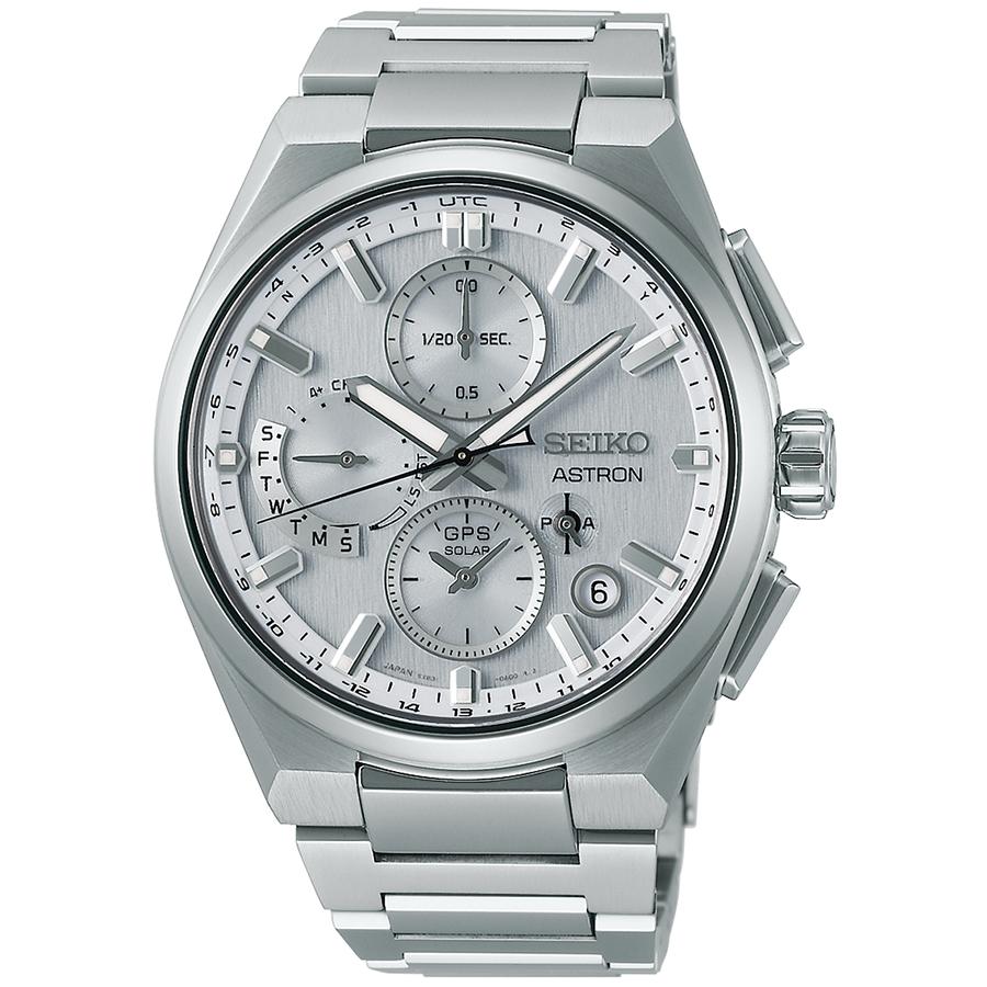 Seiko Astron Nexter Dual Time Chronograph SBXC159 Men's Solar-Powered GPS Satellite Radio Wave Watch with Silver Dial