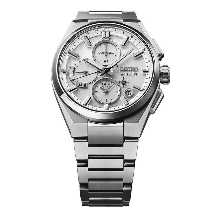 Seiko Astron Nexter Dual Time Chronograph SBXC159 Men's Solar-Powered GPS Satellite Radio Wave Watch with Silver Dial