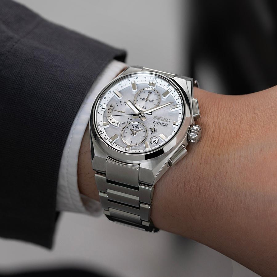 Seiko Astron Nexter Dual Time Chronograph SBXC159 Men's Solar-Powered GPS Satellite Radio Wave Watch with Silver Dial