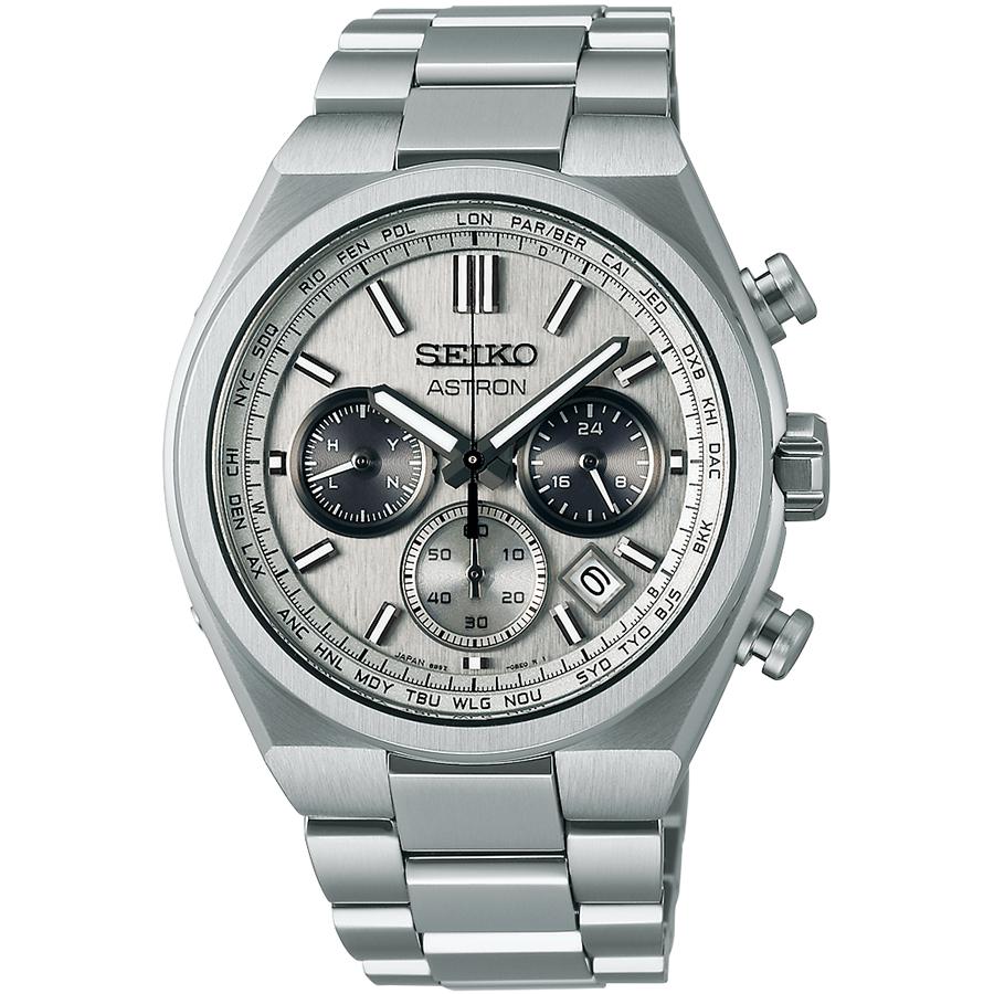 Seiko Astron Nexter World Time Chronograph SBXY095 Men's Solar-Powered Radio-Controlled Titanium Watch with Gray-Silver Dial