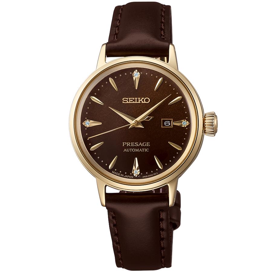 Seiko Presage Cocktail Time Jamaican Coffee SRRW008 Women's Mechanical Automatic Watch with Brown Leather Strap