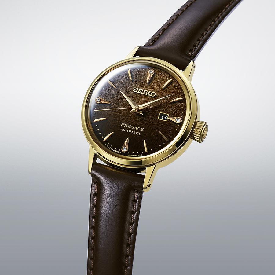 Seiko Presage Cocktail Time Jamaican Coffee SRRW008 Women's Mechanical Automatic Watch with Brown Leather Strap