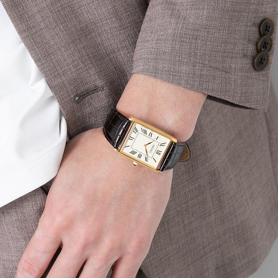 SEIKO Selection nano・universe Collaboration Model SSEH020 JDM Quartz Tank Watch Gold-Tone Stainless Steel Brown Leather Men's Timepiece