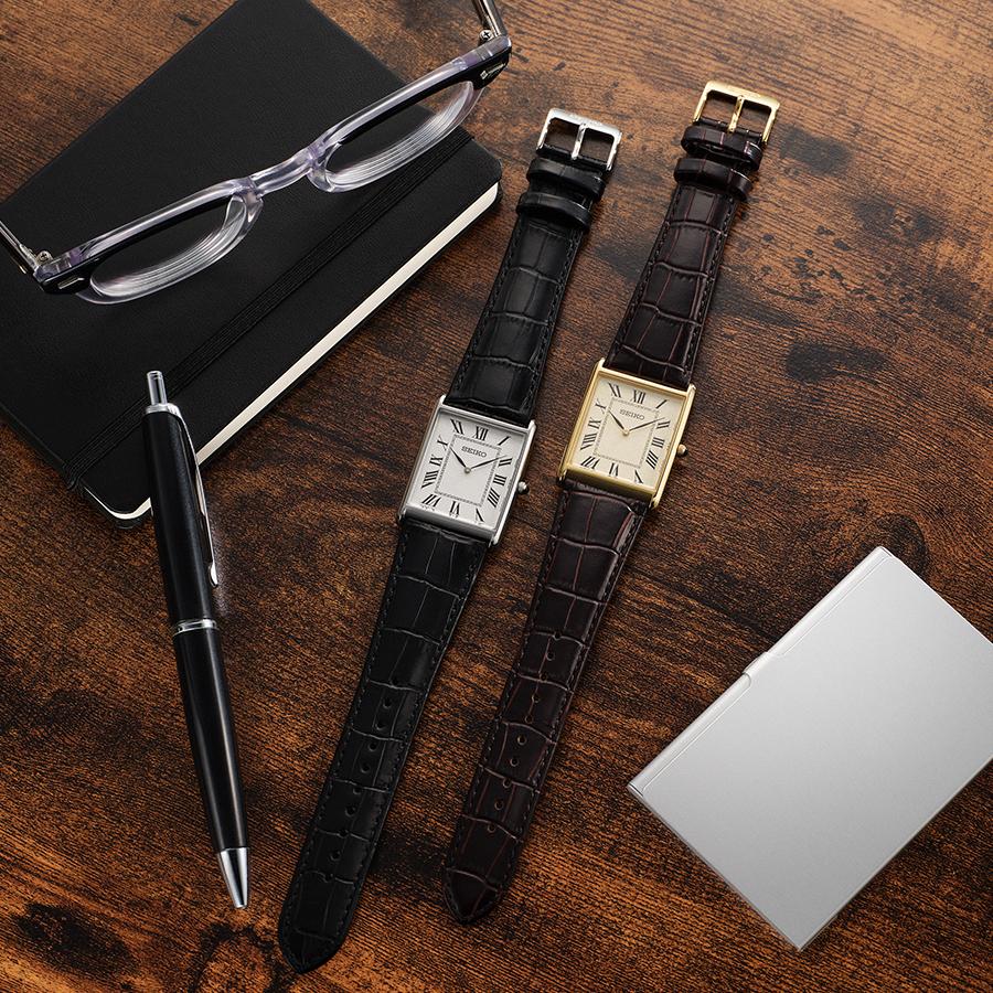 SEIKO Selection nano・universe Collaboration Model SSEH020 JDM Quartz Tank Watch Gold-Tone Stainless Steel Brown Leather Men's Timepiece
