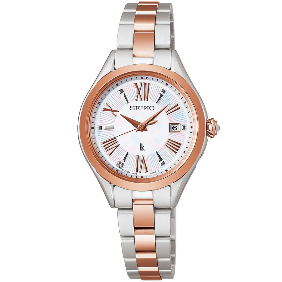 Seiko LUKIA Grow Osmanthus SSQW096 Women's Solar Radio-Controlled Watch with Titanium and White Mother-of-Pearl Dial in Pink Gold, Two-Tone