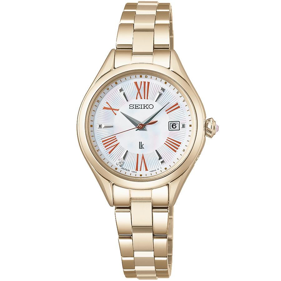 Seiko LUKIA Grow Osmanthus SSQW098 Women's Watch, Solar Radio Controlled, Titanium, Mother-of-Pearl Dial, Lady Gold