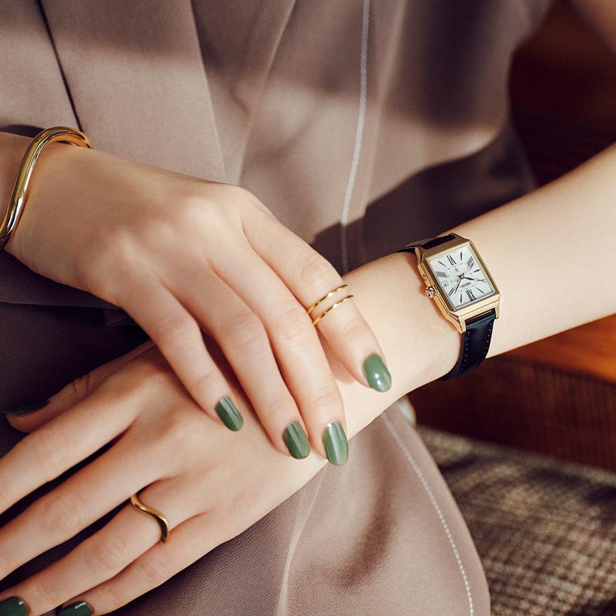 Seiko LUKIA Grow SSVW212 Women's Solar-Powered Radio-Controlled Watch with Square Leather Strap, Lady Gold, Calla Lily Design