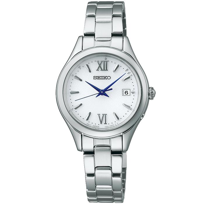 Seiko Selection S Series SWFH129 Women's Solar Radio-Controlled Watch, 3-Hand, Round, White Dial, Metal Band