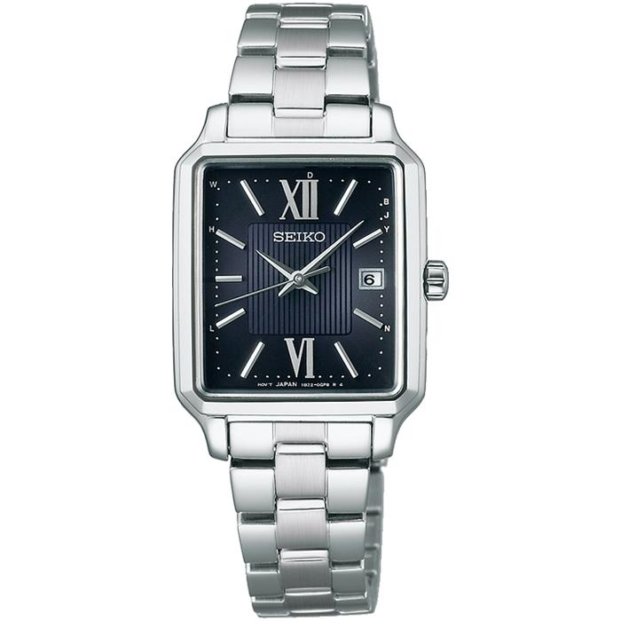 Seiko Selection S Series SWFH139 Women's Solar Radio-Controlled Watch, 3-Hand, Square Black Dial, Metal Band