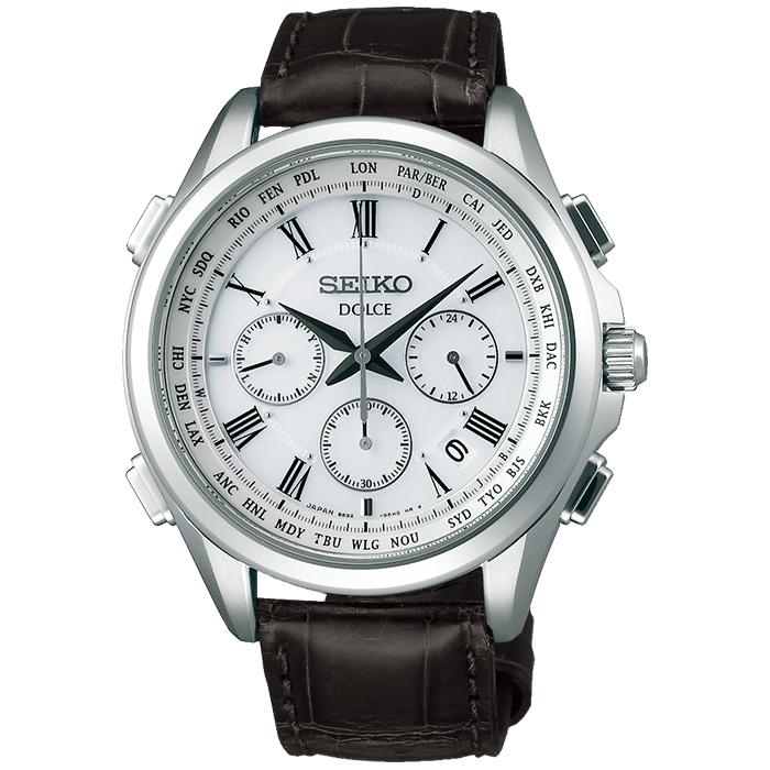 Seiko Dolce & Exceline Pair Solar Radio-Controlled Chronograph Watch SADA039 Men's Crocodile Leather Strap White